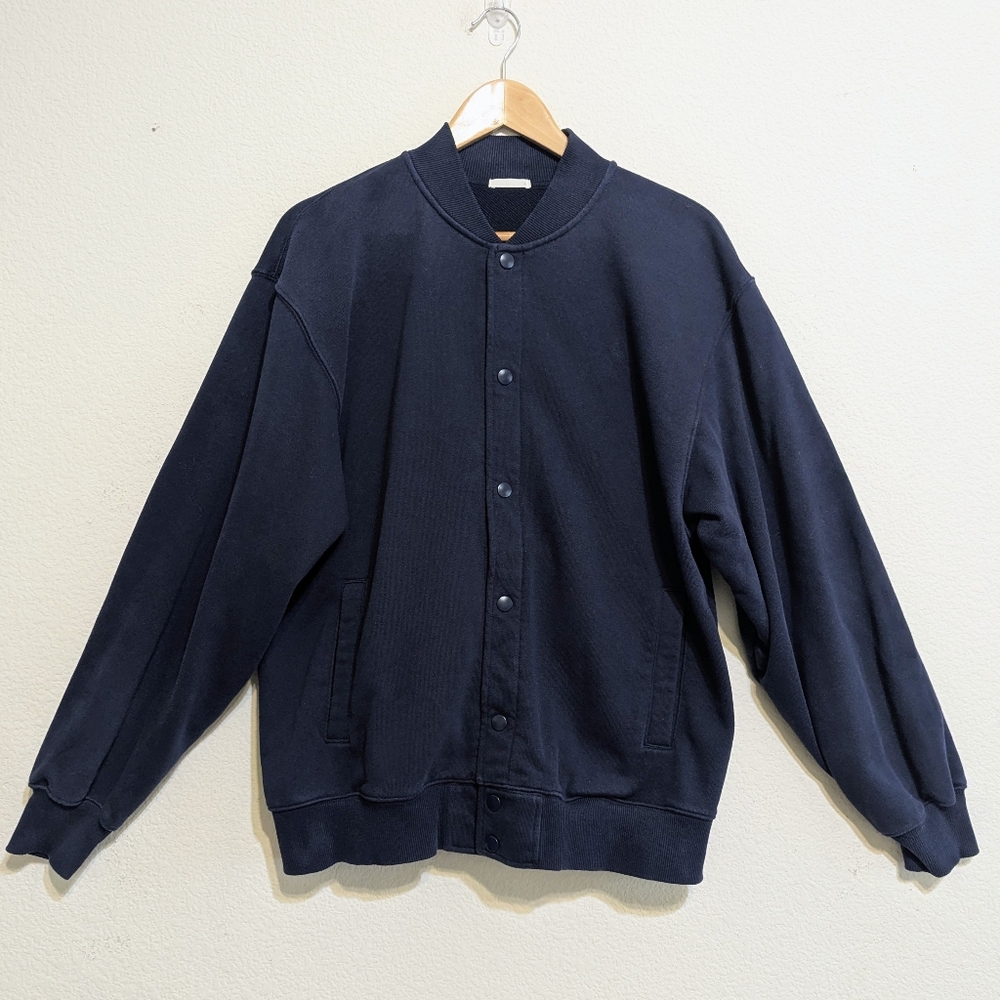 GU Terry Varsity Style Jacket Navy Size Large Japanese Brand Snap Button